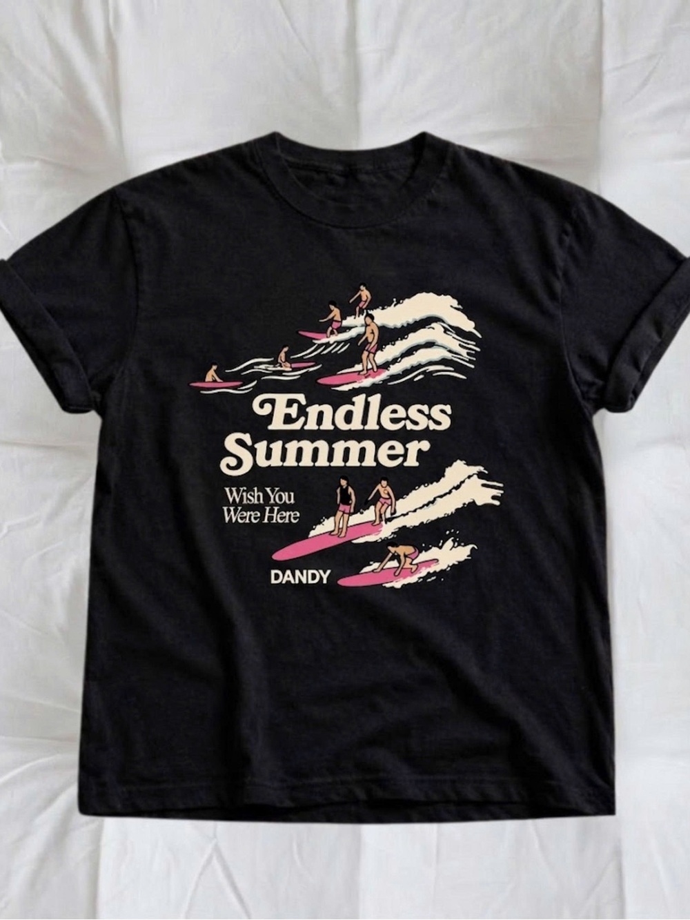 Gildan Black Tee with Cream and Pink Surf Graphic